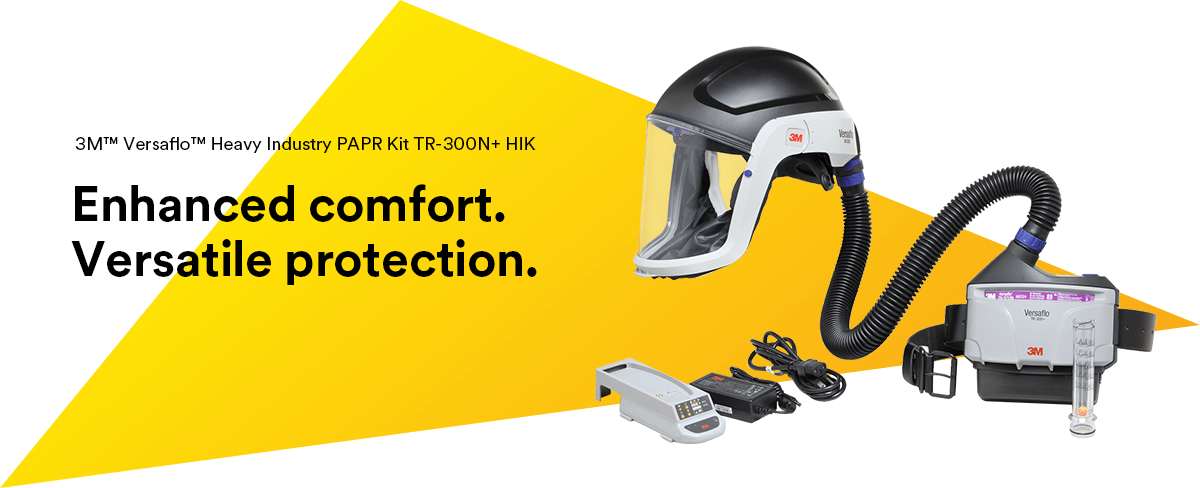 3M TR300N+HIK Versaflo PAPR on white and yellow background.