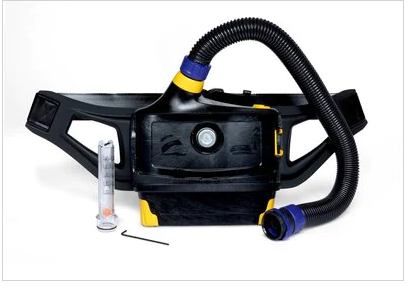 Black, blue, yellow 3M™ Versaflo TR-814N Powered Air Purifying Respirator on white background