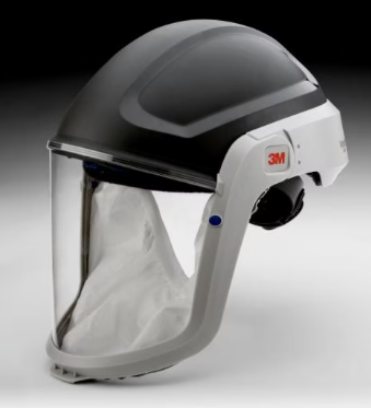 Black and gray 3M™ M-305 Versaflo Respiratory Hard Hat Assembly on black and gray background