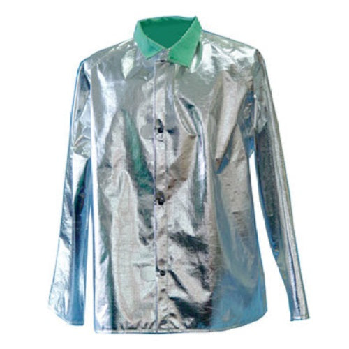 Silver, gray wih green collar 600-APBI aluminized heat resistive CPA PBI jacket coat on white background