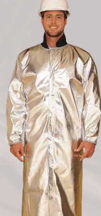 Man wearing silver Lakeland 320-40AG Aluminized Approach Coat 40 Inch on light gray background