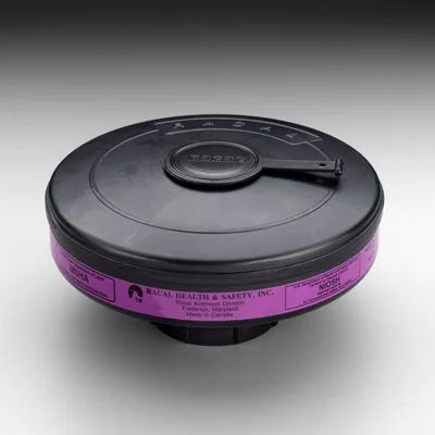 Black and purple 3M Breathe Easy 450-00-01R12 High Efficiency P3 Particulate Cartridge on gray and white background
