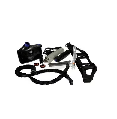 Black and gray 3M™ TR-612N Versaflo™ Powered Air Purifying Respirator PAPR Assembly on white background