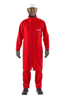 Red Ansell 66-663 Polyester Trilaminate Chemical Splash/Spray Jacket on checkered gray/black background
