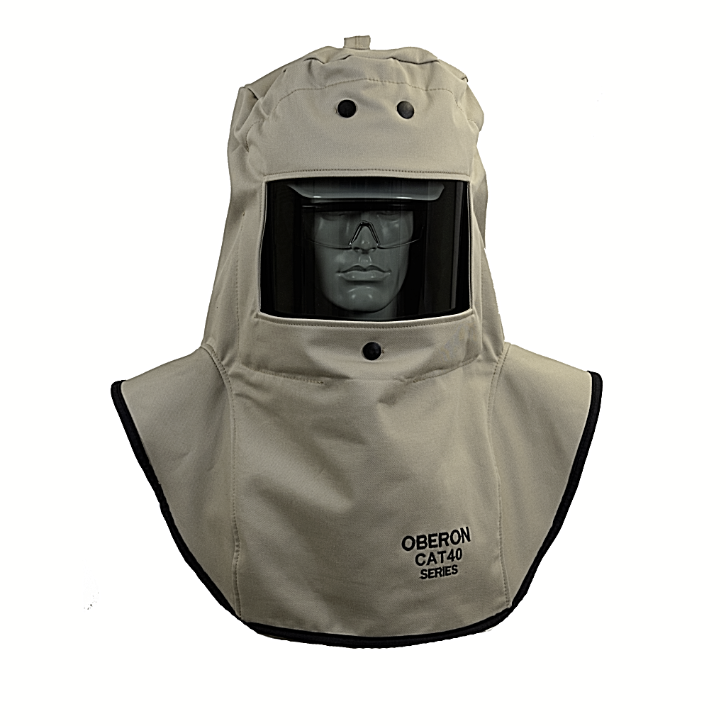 Oberon Tan Arc flash hood CAT4-C against white backgroundst