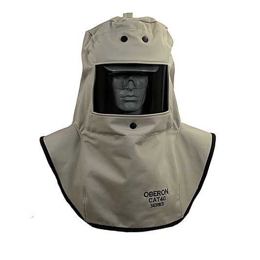 Oberon  Tan Arc flash hood CAT4-C against white backgroundst 