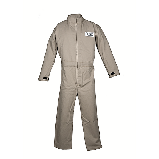 Oberon tan arc flash coveralls CAT4-CVL on white background