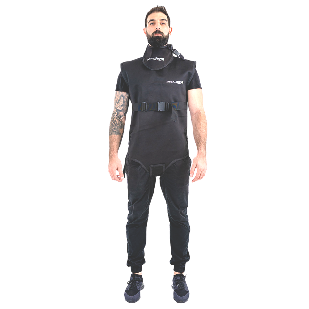 Man wearing black Radshield D2LVSO radiation vest against checkered background