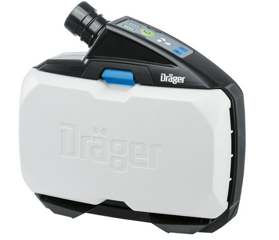 White and black Draeger R59500 PAPR blower unit on white background