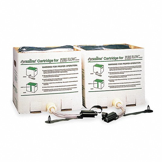 White with green writing Honeywell eyesaline containers on white background