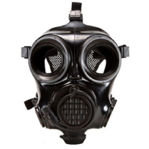MIRA black CM-7M gas mask against white background