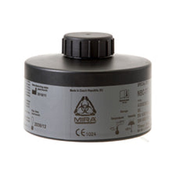 Mira gray and black CBRN filter against white background