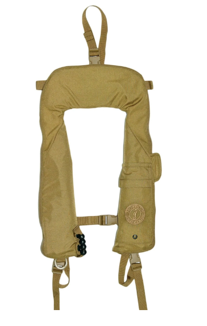 Tan Mustang Survival MD3196 Compact Tactical Life Preserver Auto Hydrostatic on white background