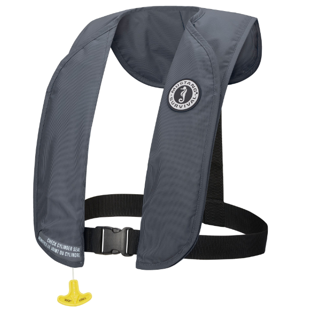 Gray Mustang Survival MD4031 MIT 70 Front-Entry Manual Inflatable PFD on white background