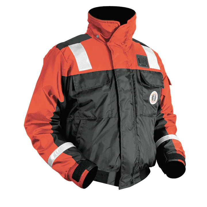 Black and orange Mustang MJ6214T1 flotation life jacket on white background