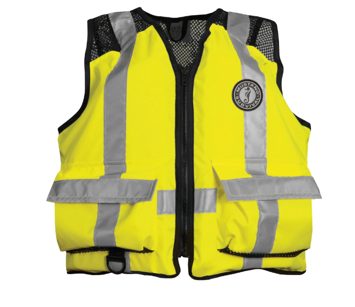 Yellow Mustang Survival MV1254 T3 High Visibility Industrial Mesh Vest on white background