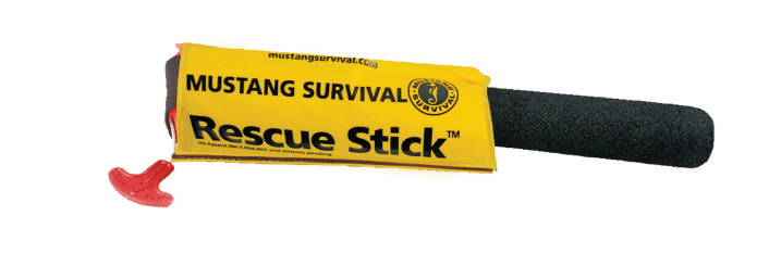 Yellow, black, orange Mustang Survival MRD100 Inflatable Rescue Stick on white background