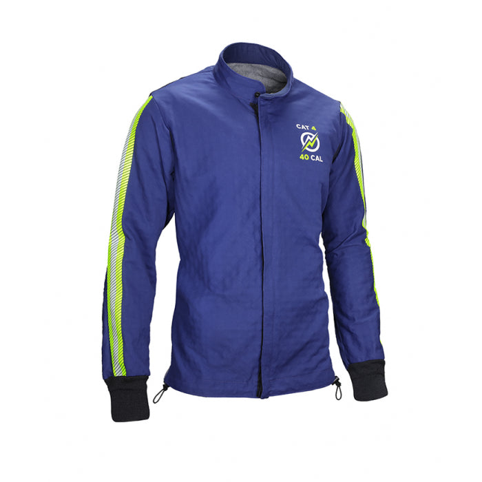Blue and reflective stripes Enespro 40 cal arc flash FR jacket on white background