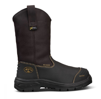 Brown and black Oliver by Honeywell 65493S-BRN Oliver 65 Series Brown 10' Leather Pull-On Rigger Steel Toe on white background