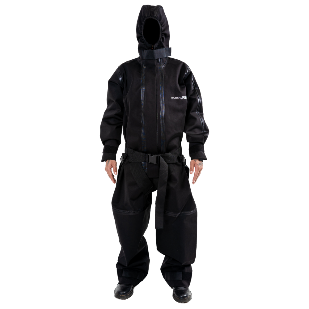 Radshield DFB50 full body CBRN radiation suit in Black on checkered background