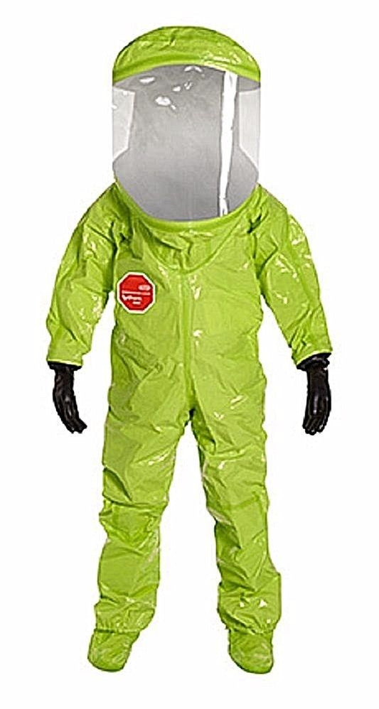 Dupont lime yellow TK554T encapsulated suit against white background