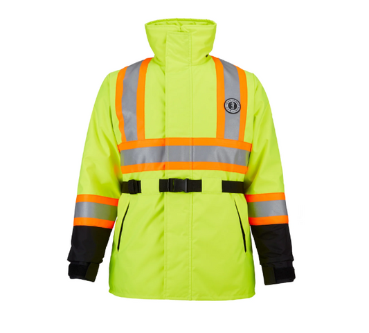 Lime yellow, silver, orange and black Mustang Survival MC1506 T3 Classic Survival Coat on white background