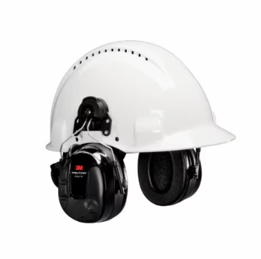 3M PELTOR MT13H221P3E ProTac III Headset Black with Hardhat on white background