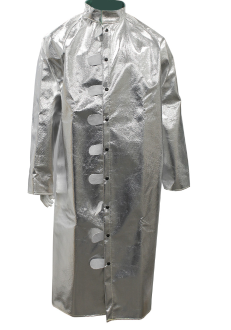 Silver Chicago Protective Apparel 603-ACK Aluminized Carbon Kevlar (Style A) 50” Heat Resistive Coat on white background