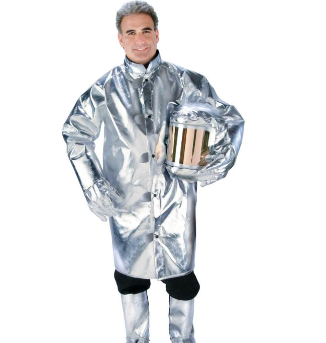 Man wearing silver Chicago Protective Apparel 603-ACX10 Aluminized CarbonX Heat Resistive 50” Coat