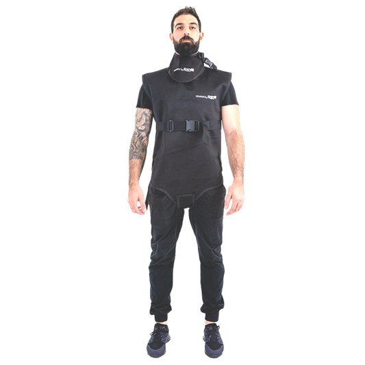 Man wearing black Radshield D2LVSO radiation vest against checkered background.
