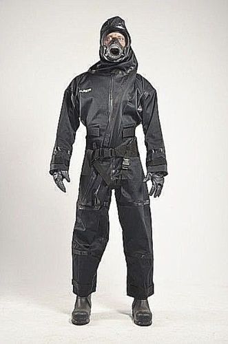 Person wearing black Radshield DFBC2 RST Demron W CBRN Radiation Ensenble