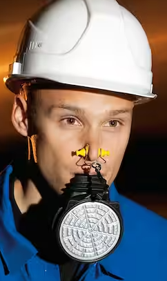 Person wearing Draeger 3704479 PARAT 3260 Mouthpiece Respirator on orange background