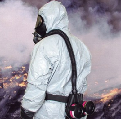 Person in white suit wearing Draeger 4058934 Breathing Tube Assembly on multi color background