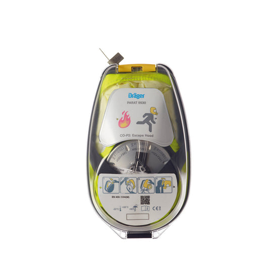 Multi color DRAEGER 5530 Fire Escape Hood R59435 in Hard Case on white background