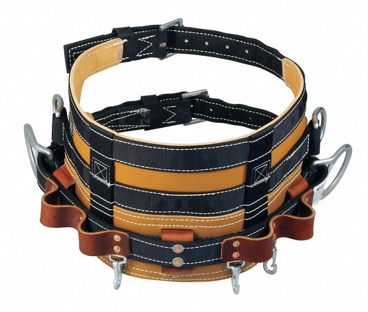 Brown and black MILLER HONEYWELL 88N-1/D28 Lineman’s Body Belt Leather D-Size on white background