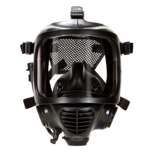 Black MIRA CM-6M gas mask against white background
