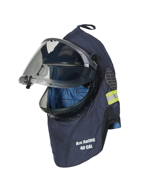 Blue and clear Enespro National Safety Apparel EN403HNDNB04AL 40 CAL AirLite OptiShield Vented Lift-Front Hood On white background