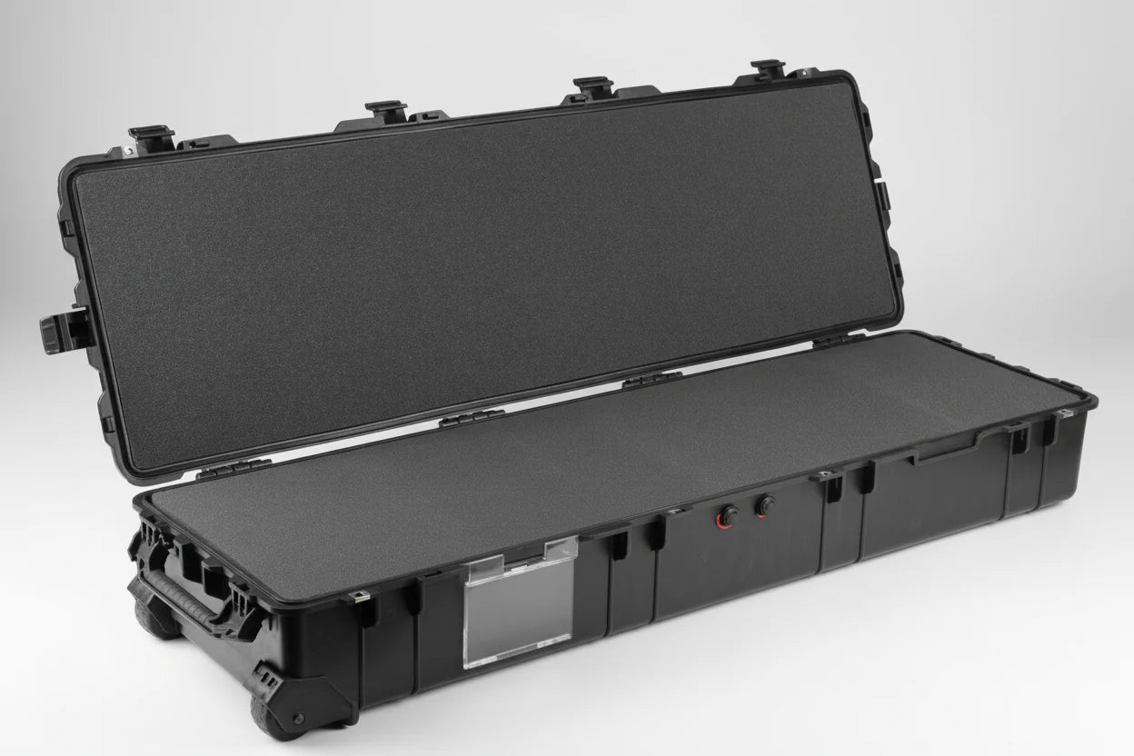 Black protective case with foam interior on a white background