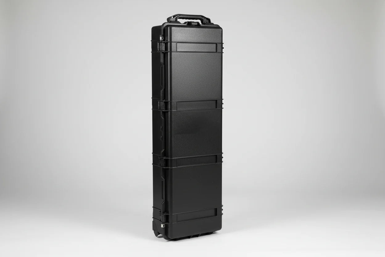 Black rectangular hard-shell case on a white background