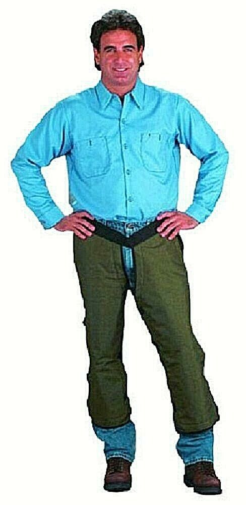 CHICAGO PROTECTIVE APPAREL SNAKE CHAPS 130452, 130453, 130454 Green on man in blue shirt