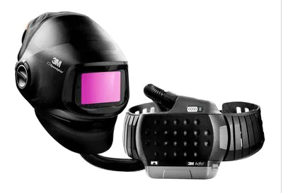 Black, gray and purple 3M™ 46-1101-30i Adflo™ Powered Air Purifying Respirator System on white background