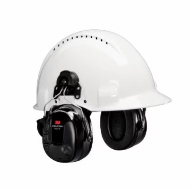 Black headset, white hardhat 3M PELTOR HRXS221P3E WorkTunes Pro AM/FM Radio Headset on white background