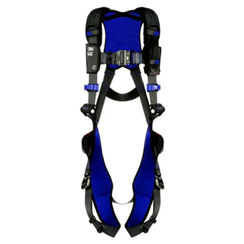 BLUE and black 3M DBI-SALA safety harness on white background