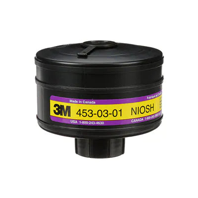 Black, yellow, purple 453-03-01R06 Organic Vapor/Chlorine/Hydrogen Chloride/Sulfur filter on white background