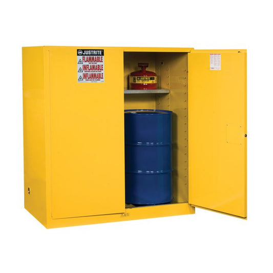 multi colored Justrite 899100 110 Gallon 2 Drum Vertical Flammables Cabinet on white background