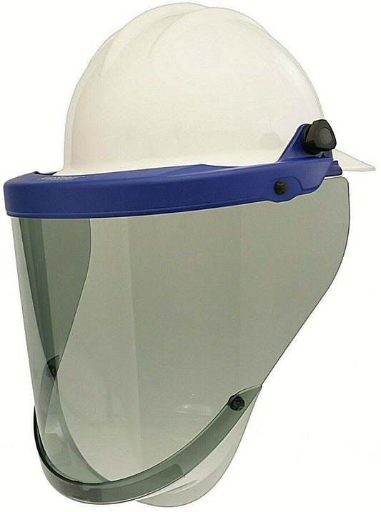 Tinted arc flash faceshield and blue bracket Paulson 9103036 on white background