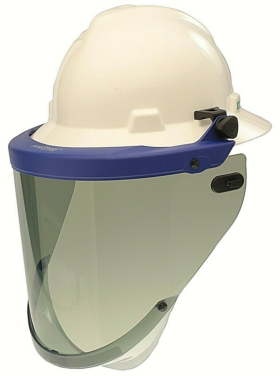 Tinted arc flash faceshield and blue bracket Paulson 9004942 on white background