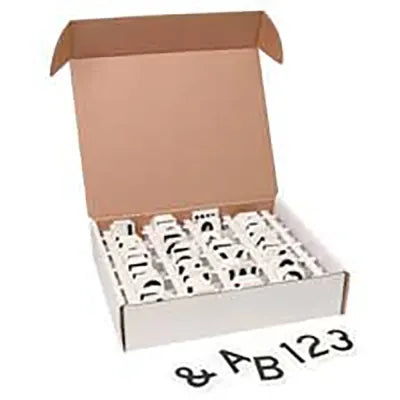 box of black and white Brady 52207 Quik-Align Asst Letters, Numbers, Punctuation Labels on white background