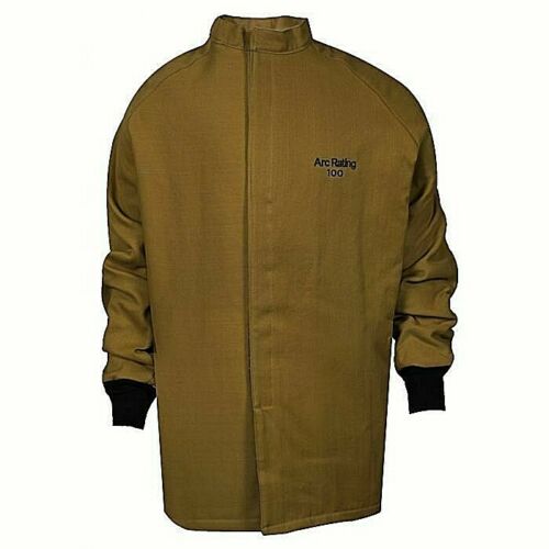 Khaki color NSA C04KDQE03 Arc Flash coat against white background