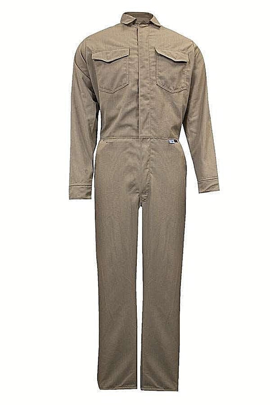 Tan NSA C88LI arc flash FR coverall against white background